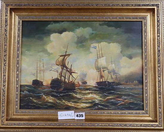 S.Sassi, oil on board, Naval battle, signed, 29 x 39cm.
